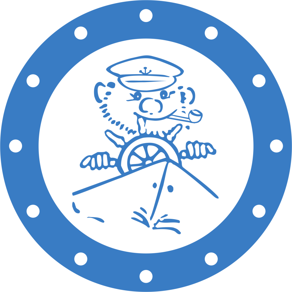 Logo Schaurecker, gezeichneter Kapitän im Schiff unLuke rundherum