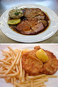 Schweinebraten mit Knödel und soße, darunter Wiener-Schnitzel mit Pommes