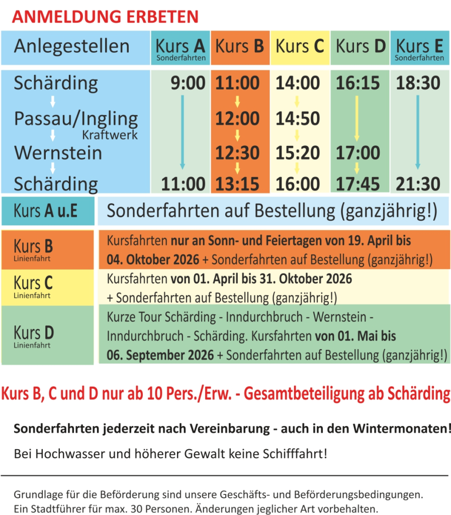 Fahrplan mit Kursangaben und Sonderfahrten