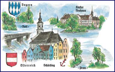 Zeichnung mit Bayern Kloster Neuhaus und Österreich mit Kirche und Silberzeile