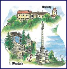 Zeichnung mit Burg Neuburg und Wernstein